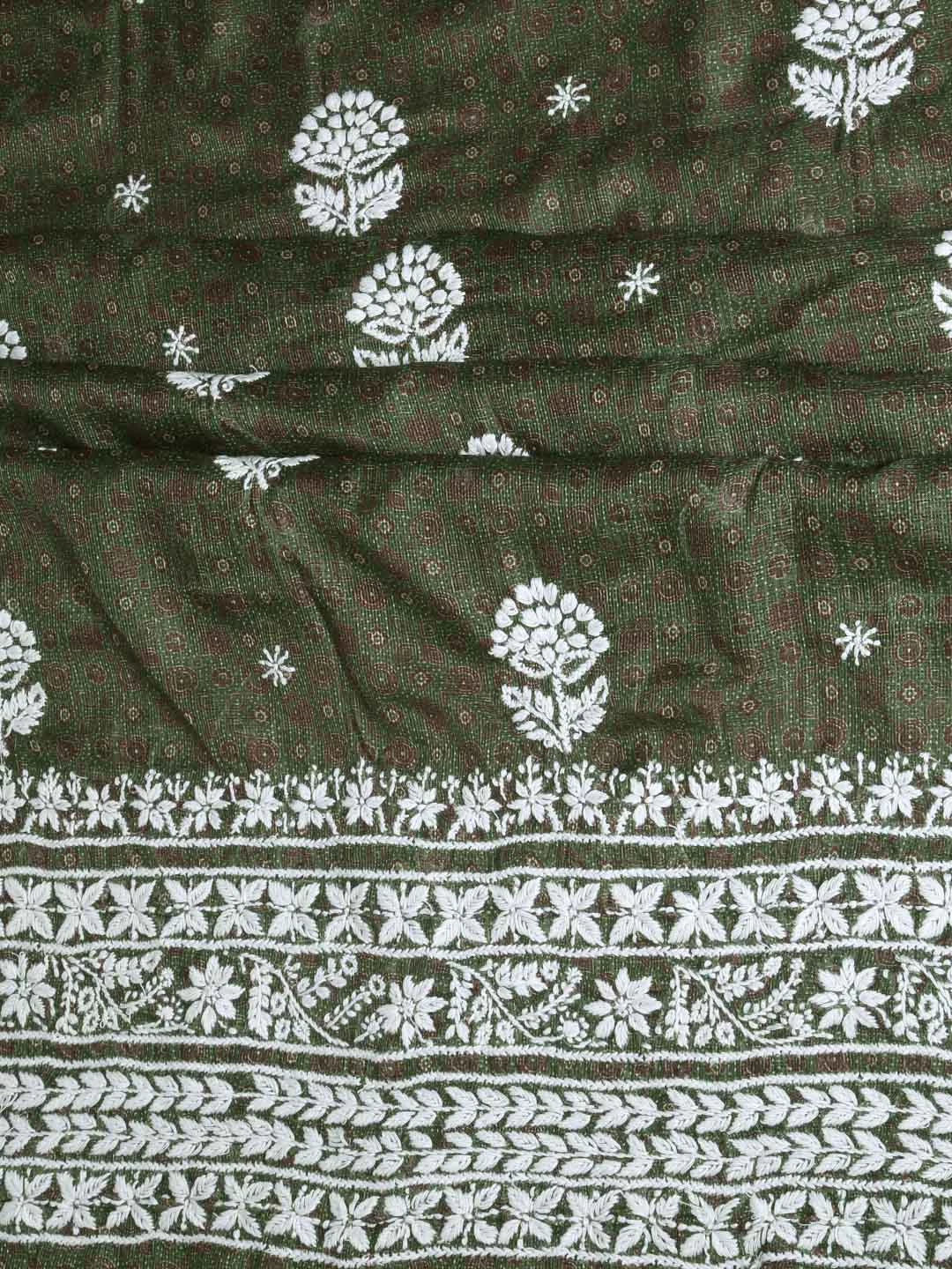 Ada Hand Embroidered Mehandi Green Floral Printed Kota Silk Lucknowi Chikankari Unstitched Kurta Piece 01A409938