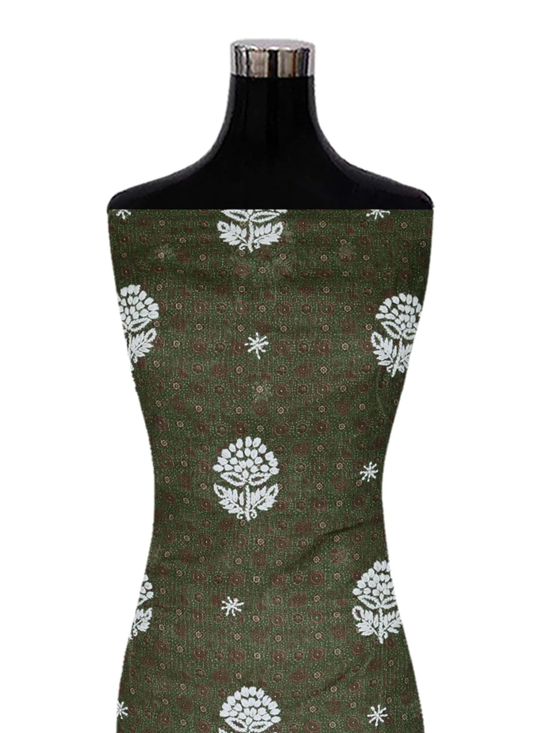 Ada Hand Embroidered Mehandi Green Floral Printed Kota Silk Lucknowi Chikankari Unstitched Kurta Piece 01A409938
