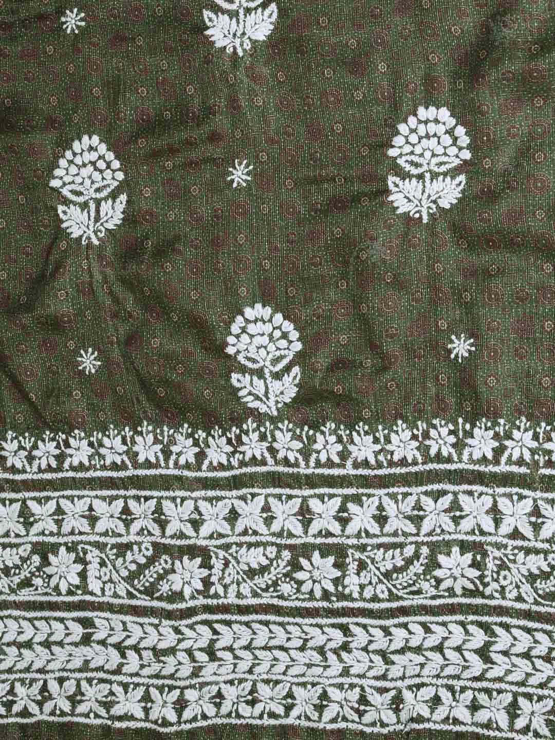 Ada Hand Embroidered Mehandi Green Floral Printed Kota Silk Lucknowi Chikankari Unstitched Kurta Piece 01A409938