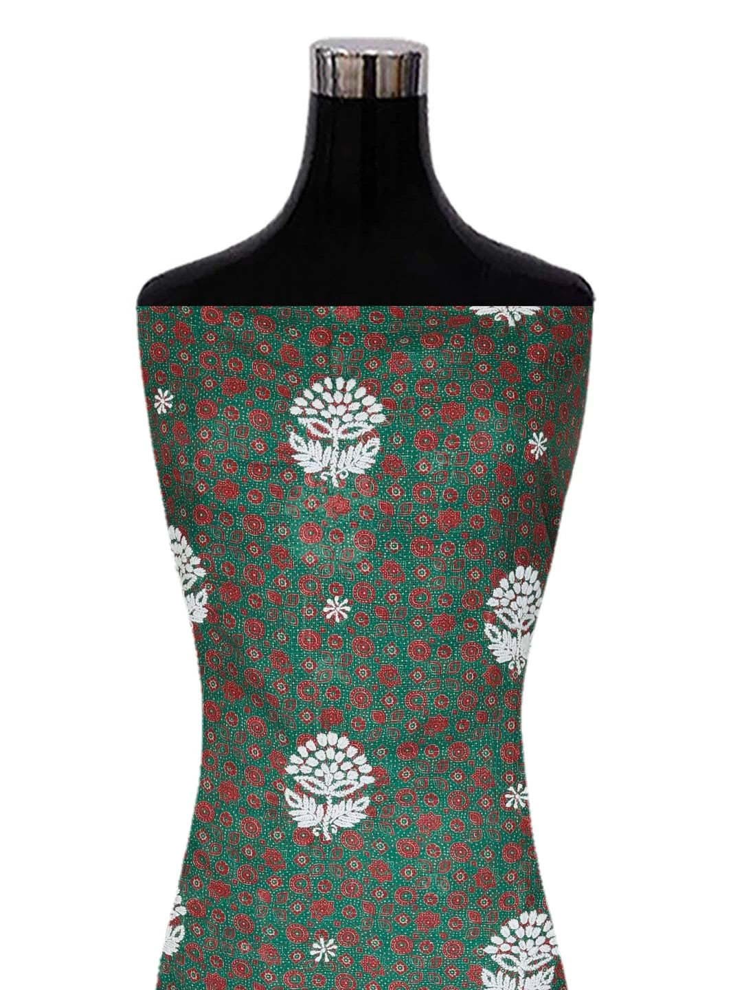 Ada Hand Embroidered Forest Green Floral Printed Kota Silk Lucknowi Chikankari Unstitched Kurta Piece 01A409931