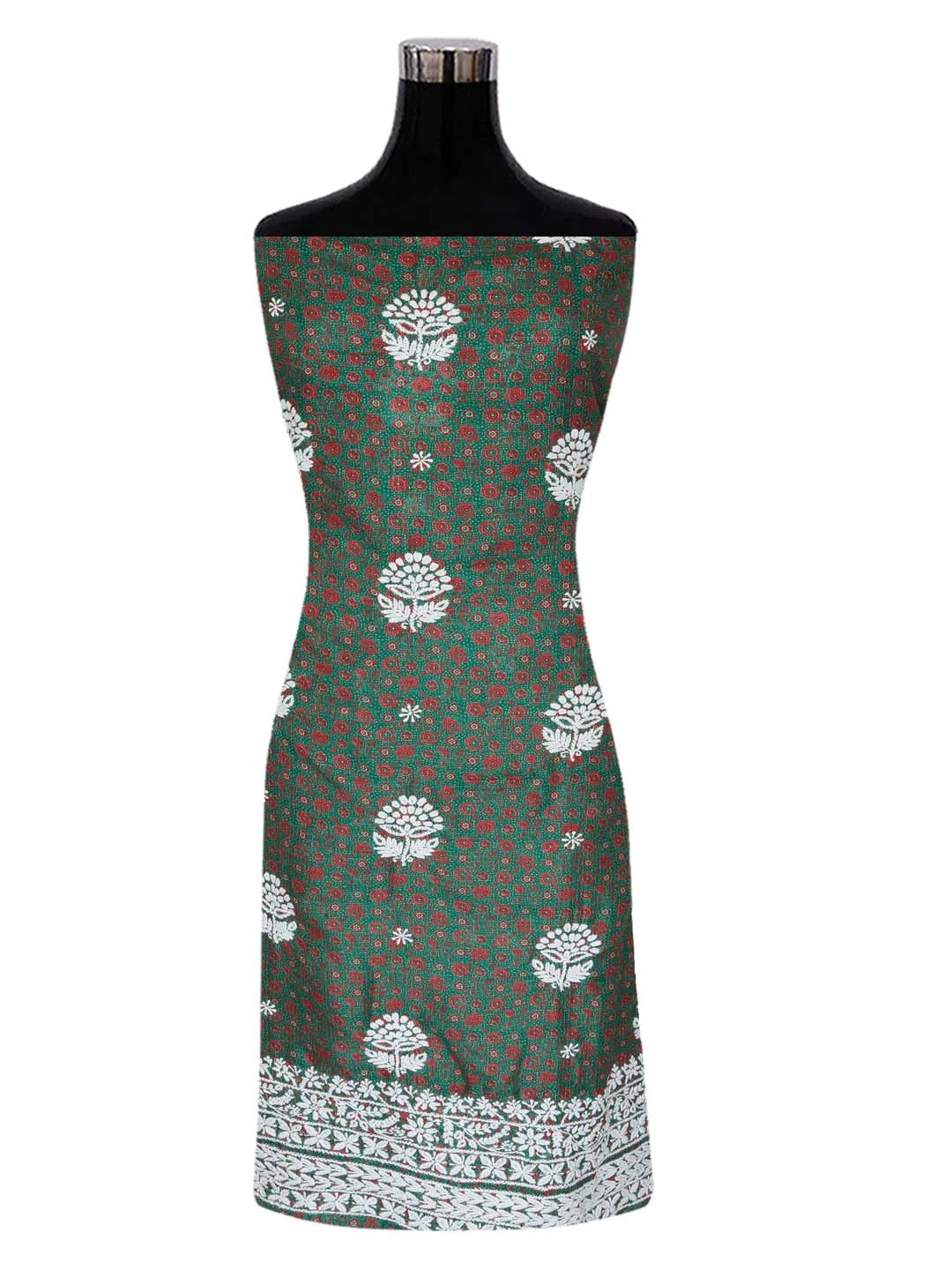 Ada Hand Embroidered Forest Green Floral Printed Kota Silk Lucknowi Chikankari Unstitched Kurta Piece 01A409931