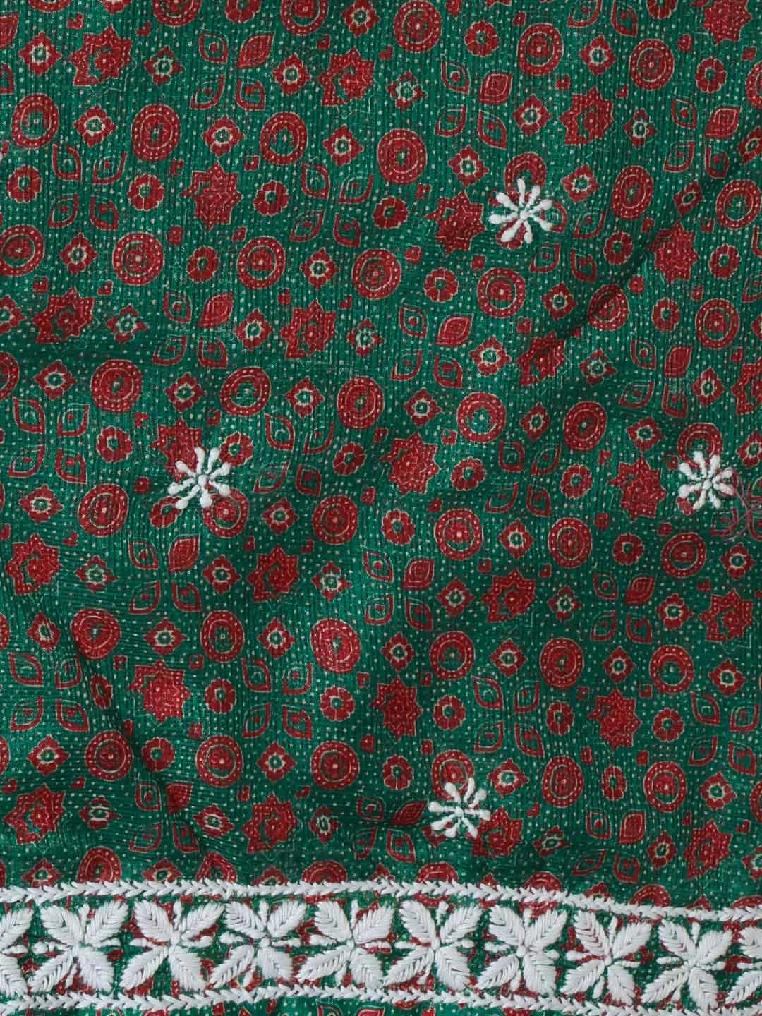 Ada Hand Embroidered Forest Green Floral Printed Kota Silk Lucknowi Chikankari Unstitched Kurta Piece 01A409931