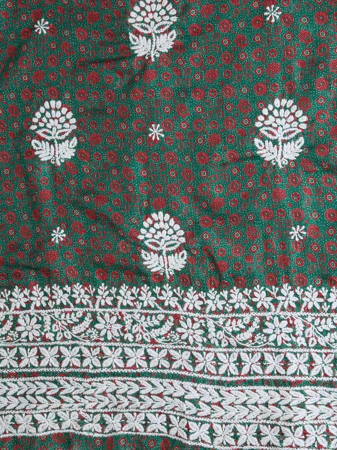 Ada Hand Embroidered Forest Green Floral Printed Kota Silk Lucknowi Chikankari Unstitched Kurta Piece 01A409931