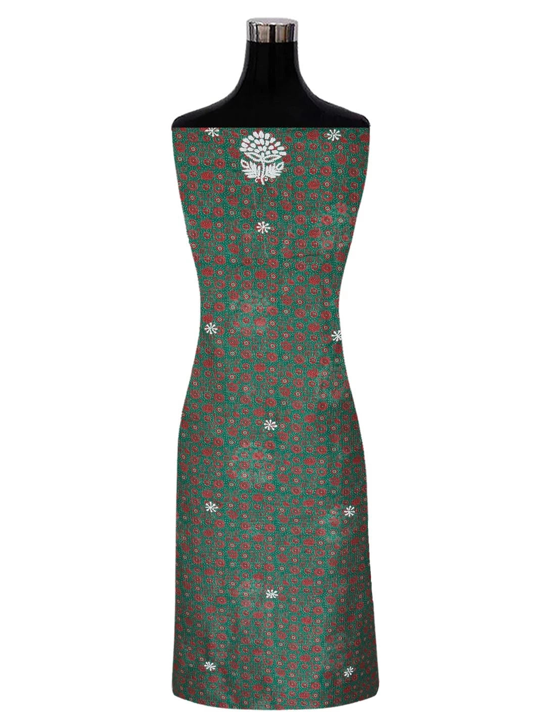 Ada Hand Embroidered Forest Green Floral Printed Kota Silk Lucknowi Chikankari Unstitched Kurta Piece 01A409931