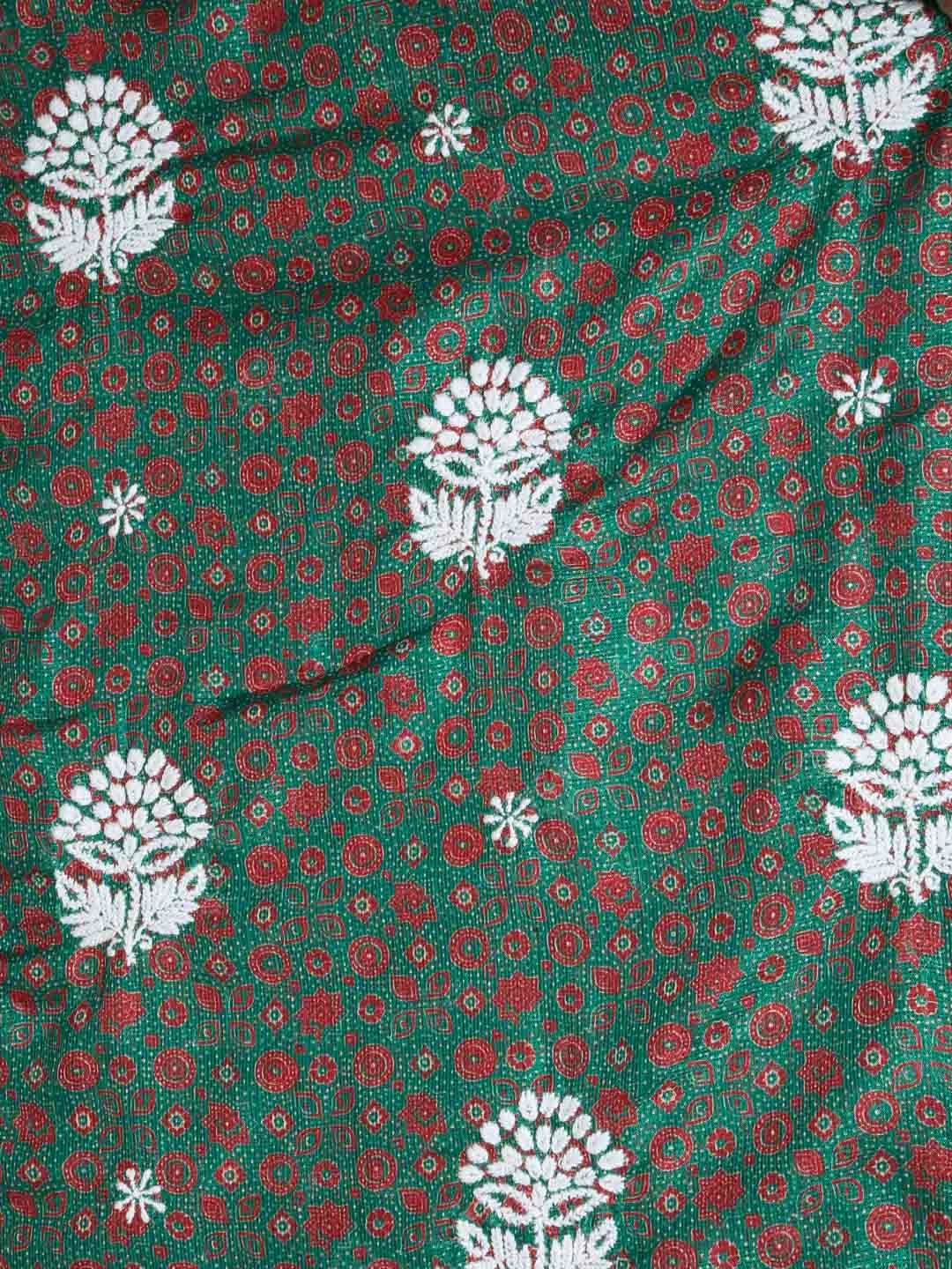 Ada Hand Embroidered Forest Green Floral Printed Kota Silk Lucknowi Chikankari Unstitched Kurta Piece 01A409931