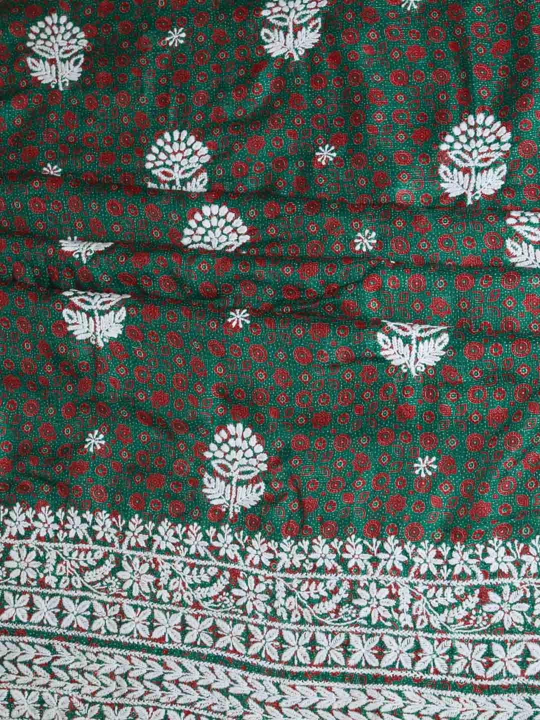 Ada Hand Embroidered Forest Green Floral Printed Kota Silk Lucknowi Chikankari Unstitched Kurta Piece 01A409931