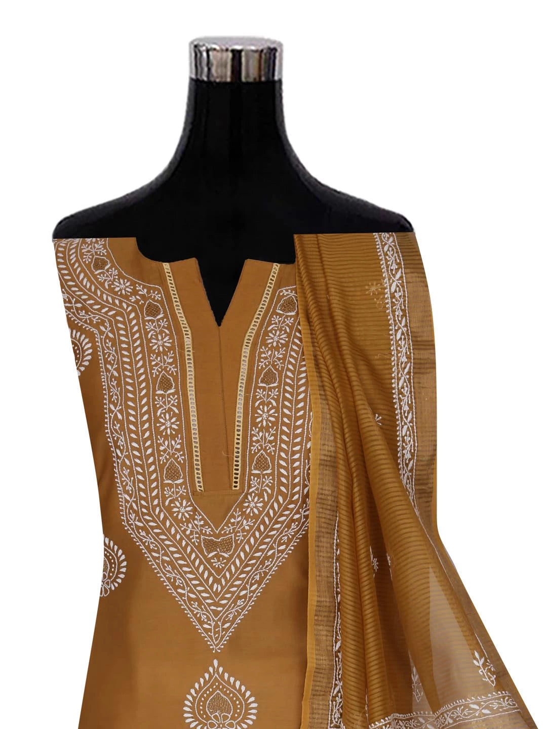 Ada Hand Embroidered Brown Chanderi Lucknowi Chikankari Semi-Stitched Suit Piece With Zari Work 01A408211