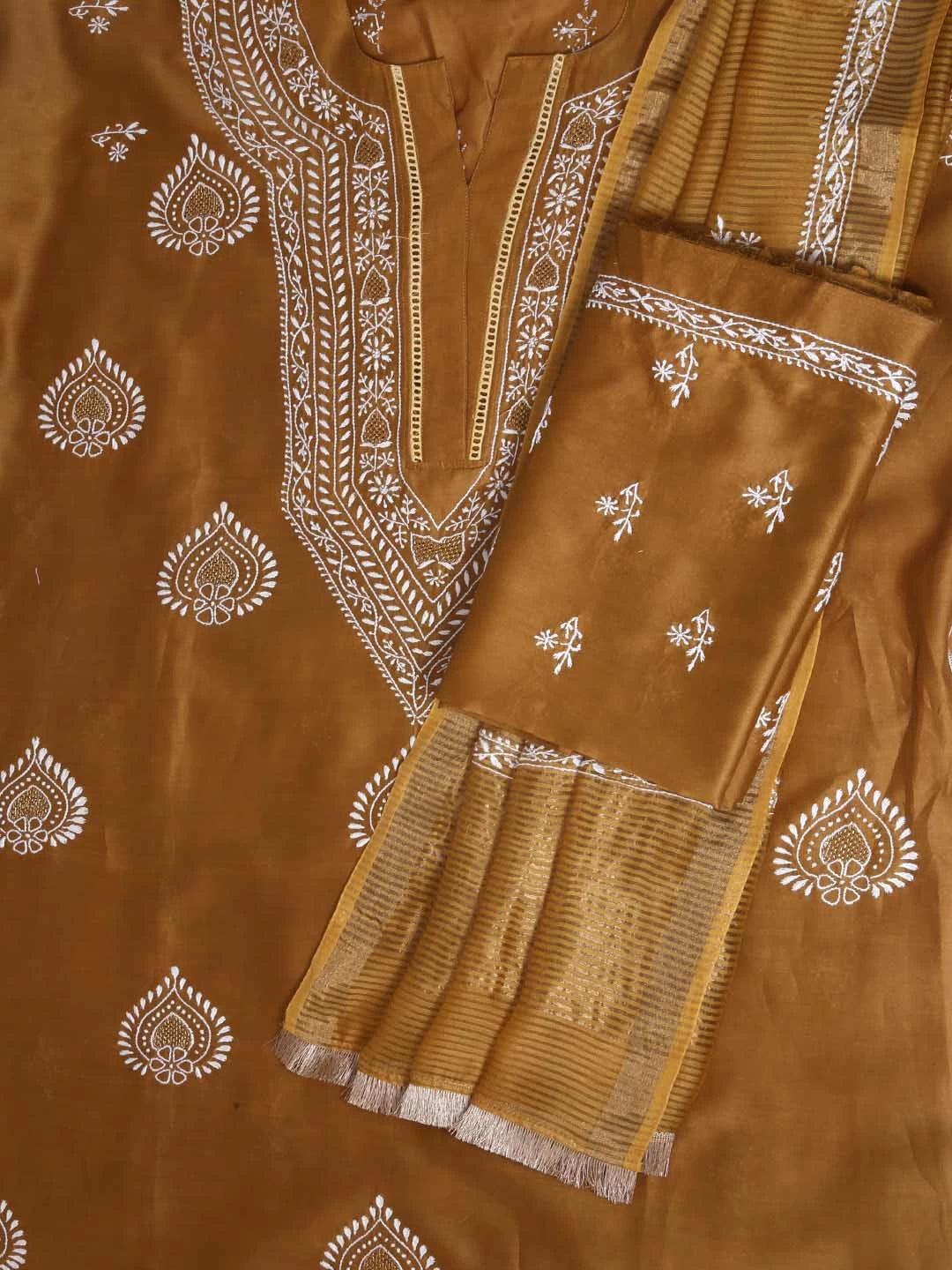 Ada Hand Embroidered Brown Chanderi Lucknowi Chikankari Semi-Stitched Suit Piece With Zari Work 01A408211
