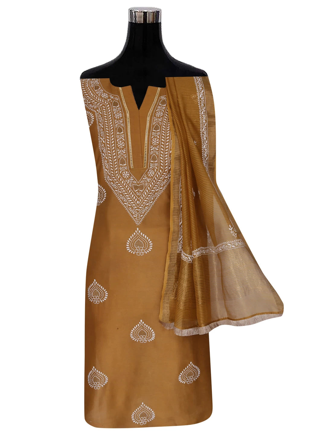 Ada Hand Embroidered Brown Chanderi Lucknowi Chikankari Semi-Stitched Suit Piece With Zari Work 01A408211