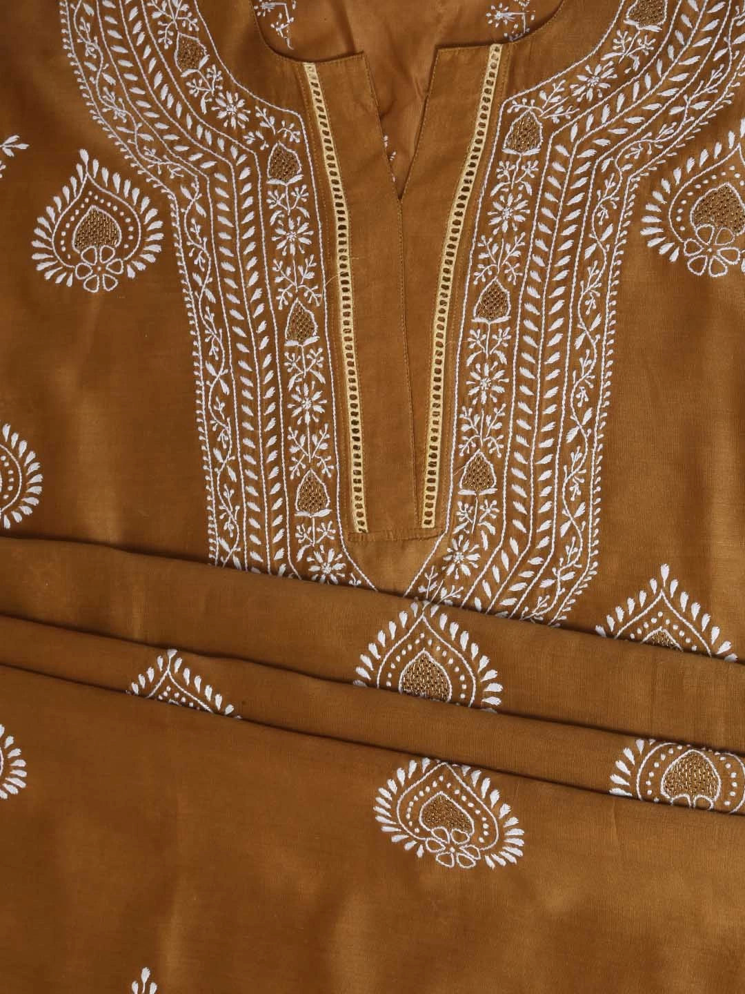 Ada Hand Embroidered Brown Chanderi Lucknowi Chikankari Semi-Stitched Suit Piece With Zari Work 01A408211