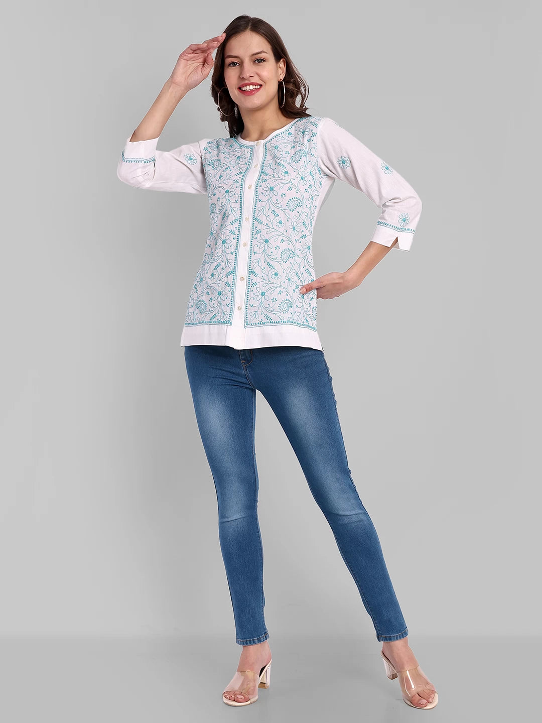 Ada Hand Embroidered White Cotton Lucknowi Chikankari Shirt A911359