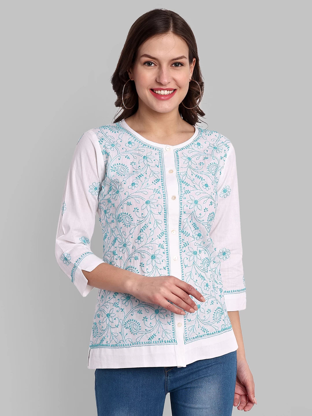 Ada Hand Embroidered White Cotton Lucknowi Chikankari Shirt A911359