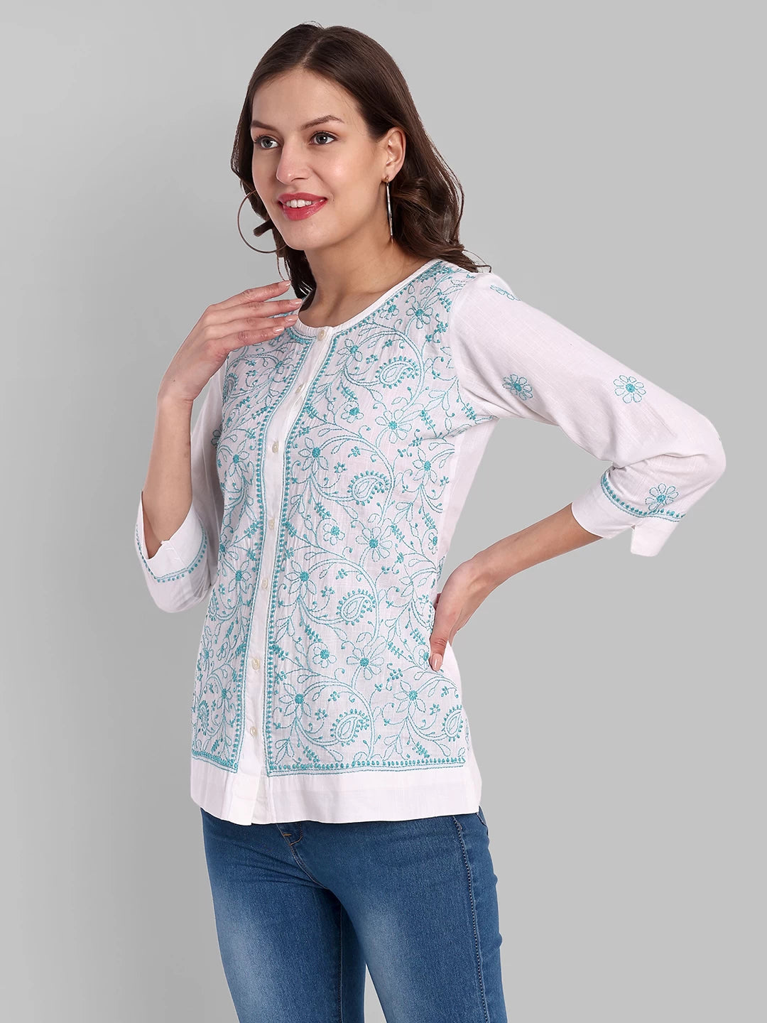 Ada Hand Embroidered White Cotton Lucknowi Chikankari Shirt A911359