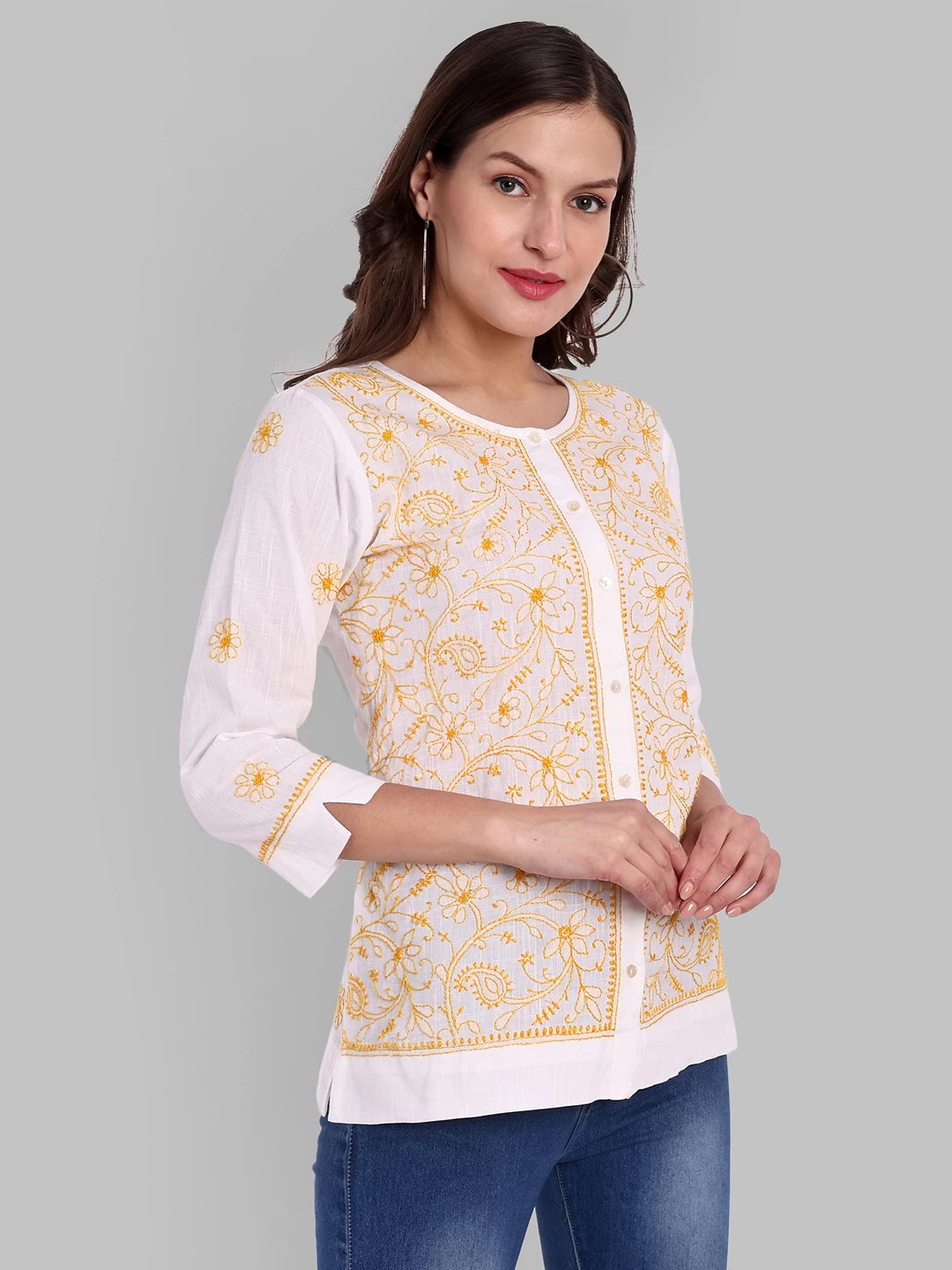 Ada Hand Embroidered White Cotton Lucknowi Chikankari Shirt A911358