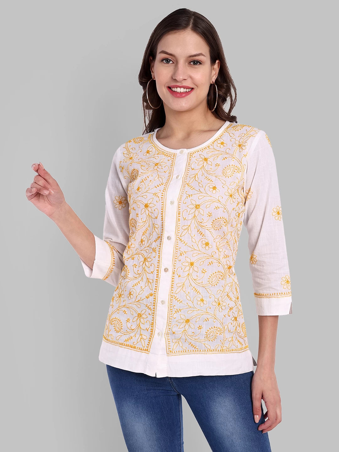 Ada Hand Embroidered White Cotton Lucknowi Chikankari Shirt A911358
