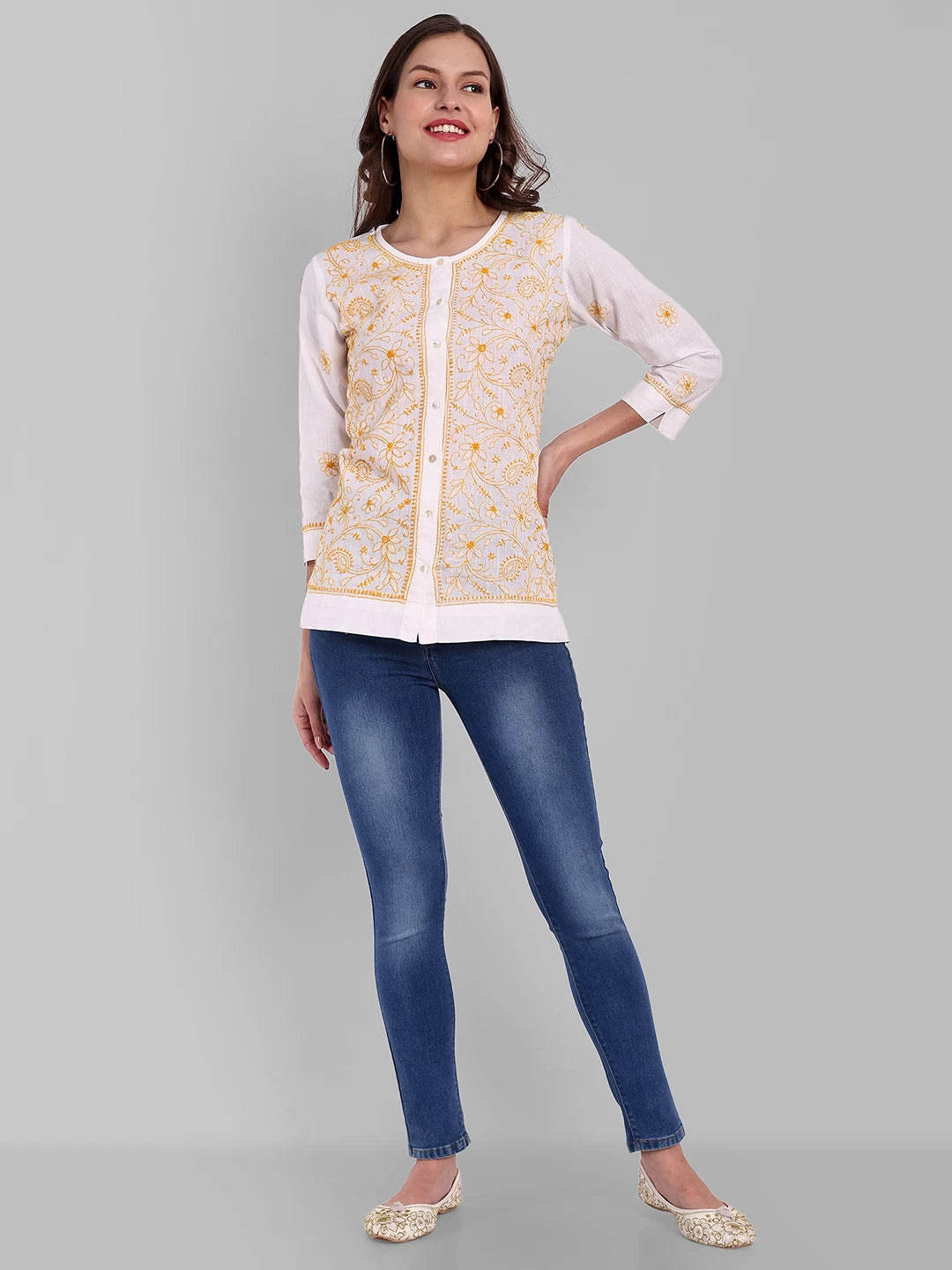 Ada Hand Embroidered White Cotton Lucknowi Chikankari Shirt A911358