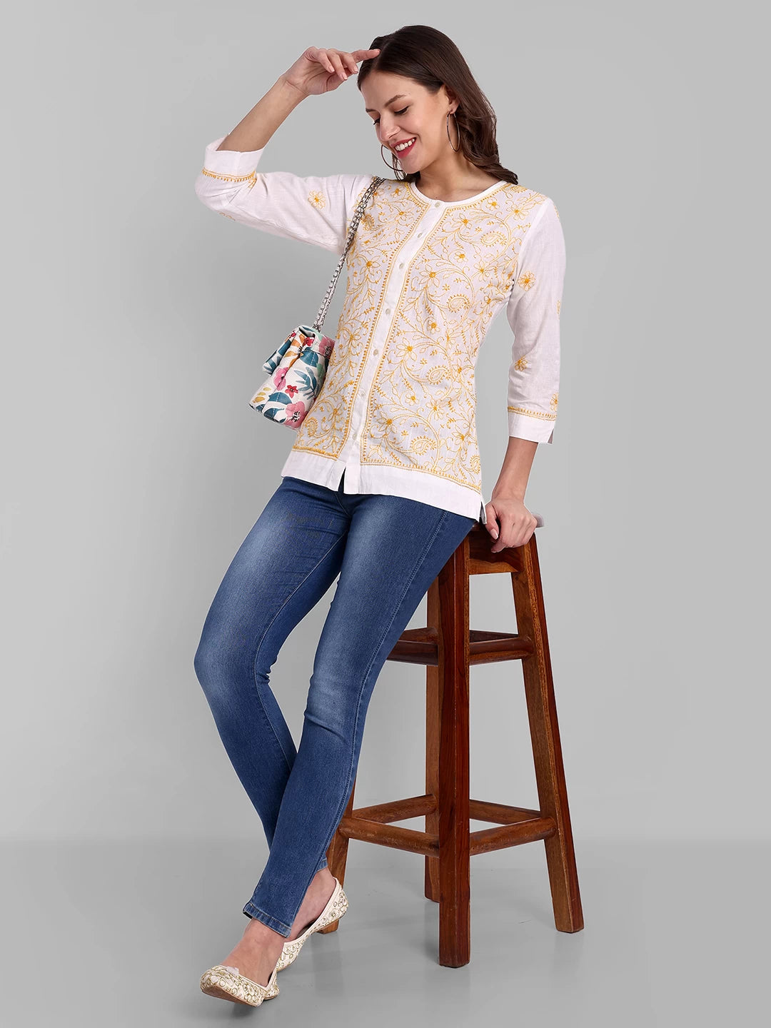 Ada Hand Embroidered White Cotton Lucknowi Chikankari Shirt A911358