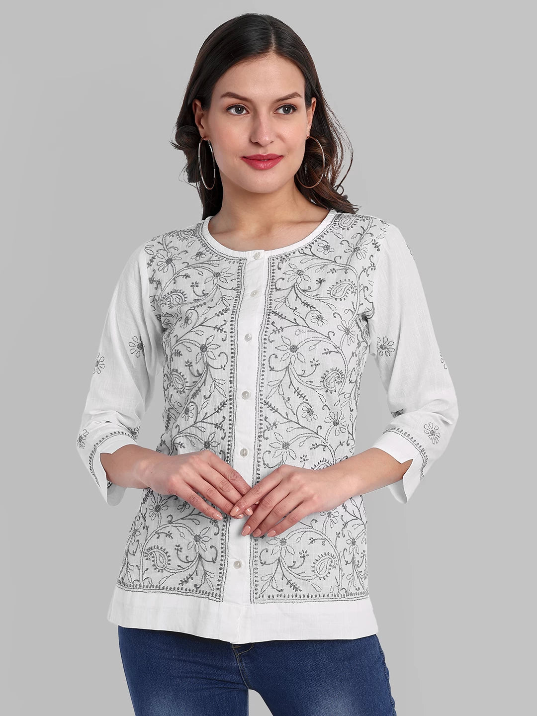 Ada Hand Embroidered White Cotton Lucknowi Chikankari Shirt A911363
