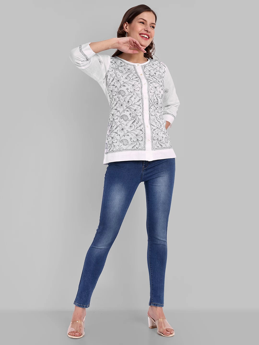Ada Hand Embroidered White Cotton Lucknowi Chikankari Shirt A911363