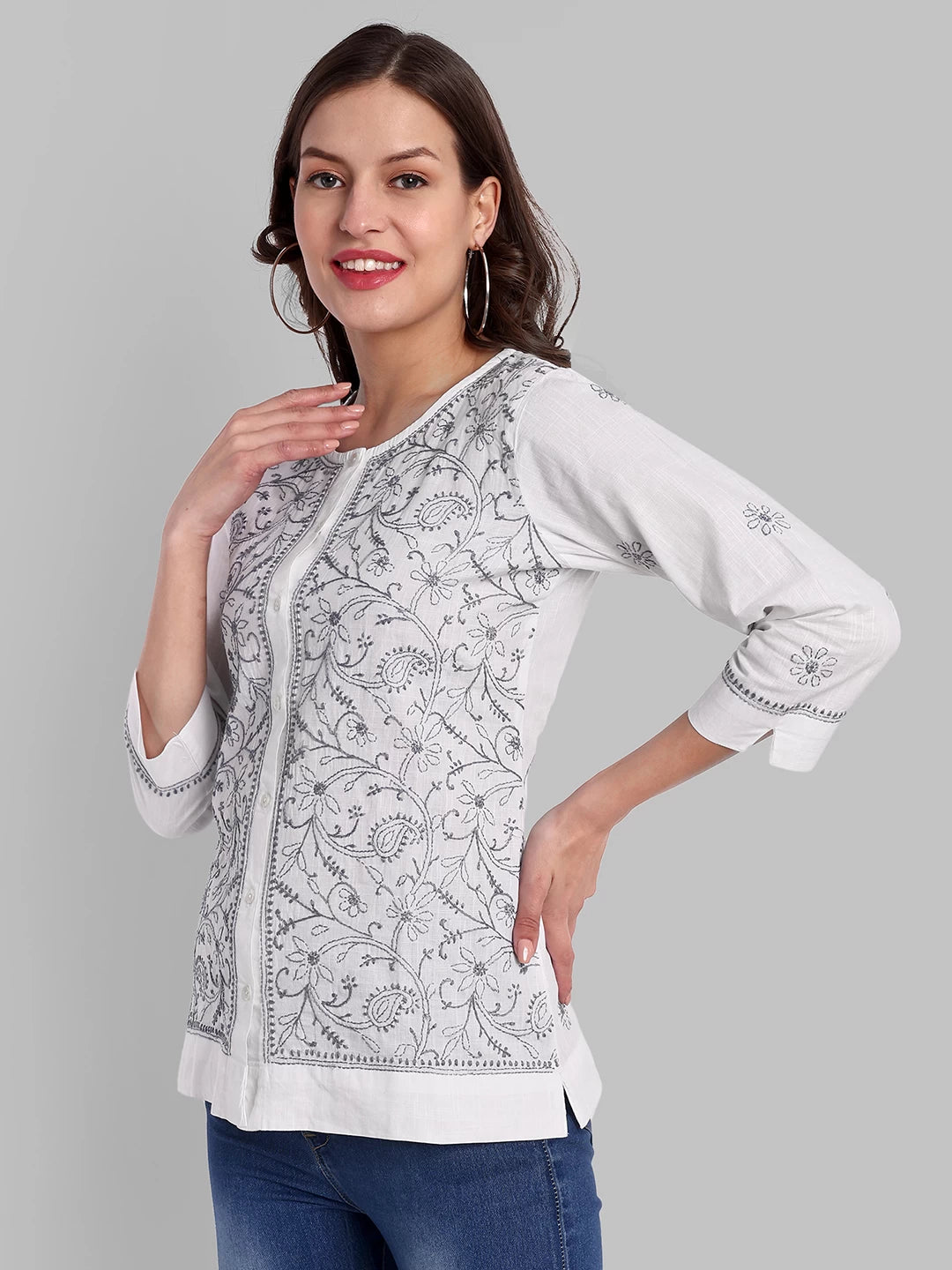 Ada Hand Embroidered White Cotton Lucknowi Chikankari Shirt A911363