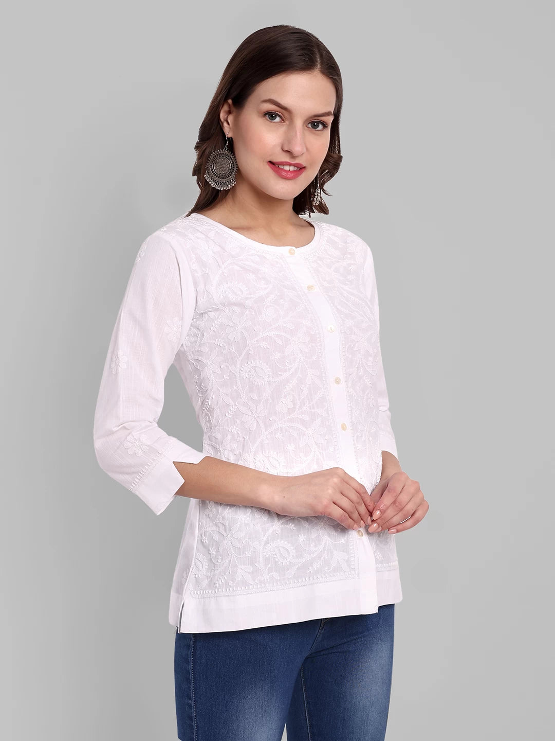 Ada Hand Embroidered White Cotton Lucknowi Chikankari Shirt A911360