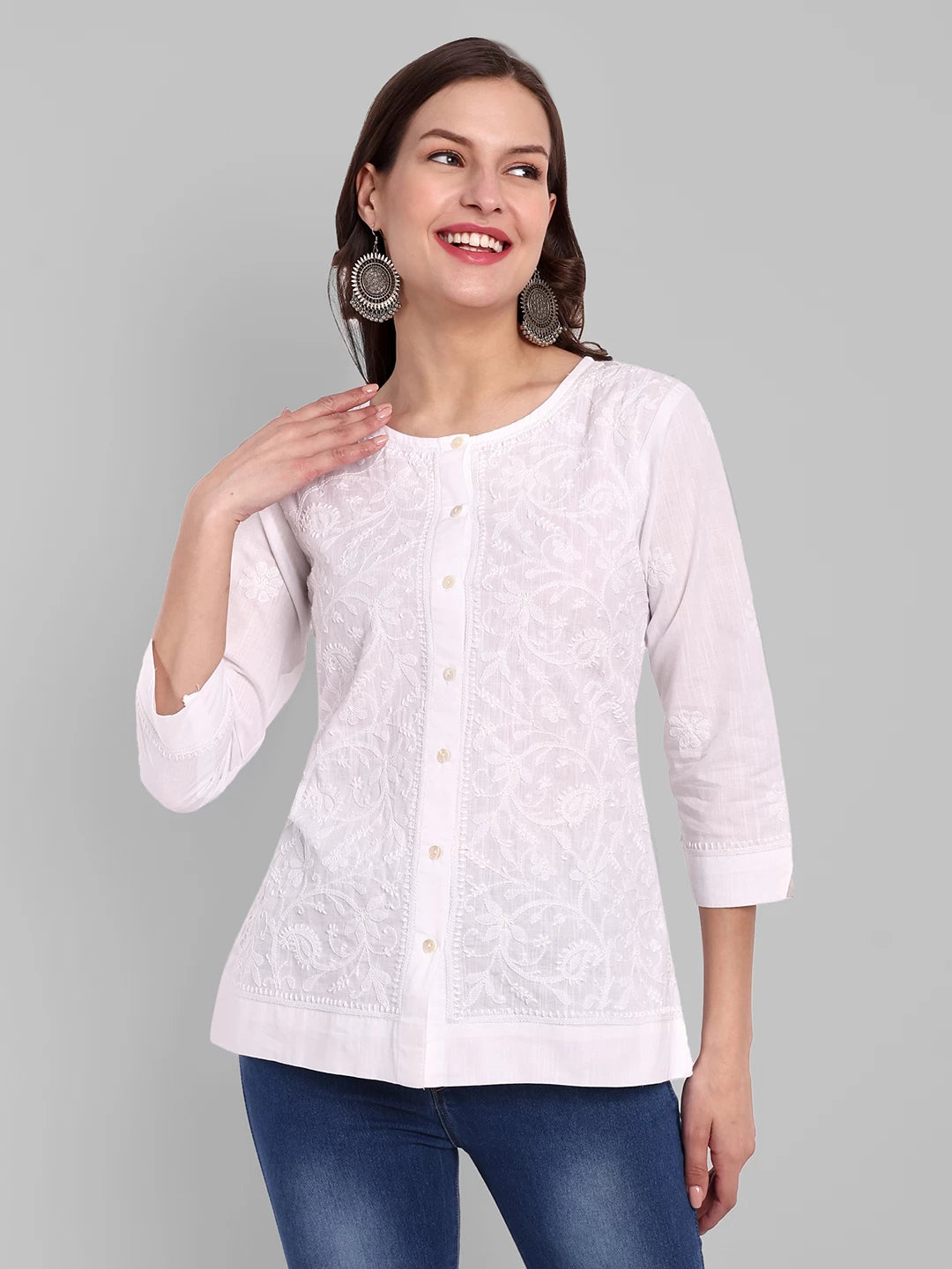 Ada Hand Embroidered White Cotton Lucknowi Chikankari Shirt A911360