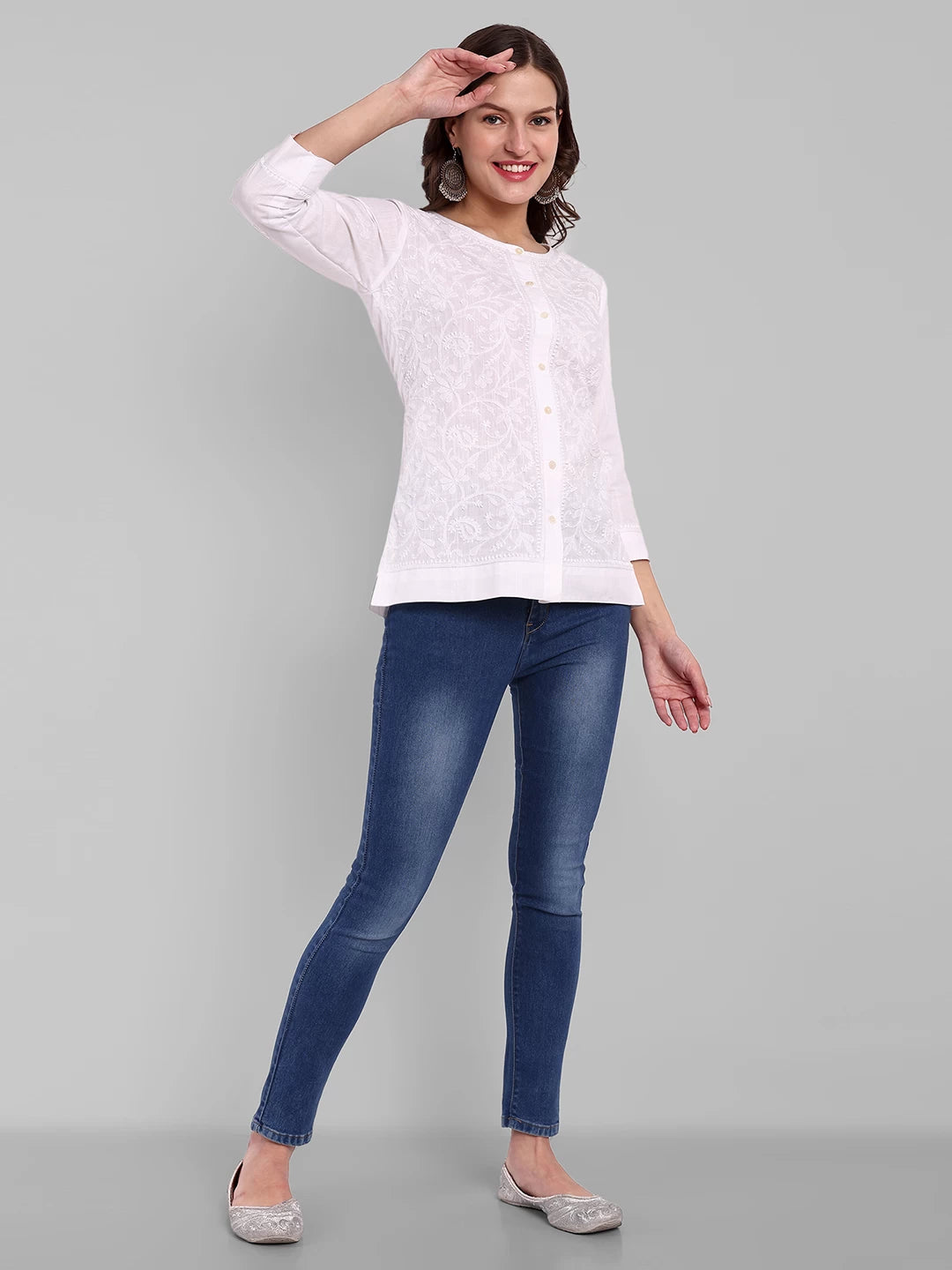 Ada Hand Embroidered White Cotton Lucknowi Chikankari Shirt A911360