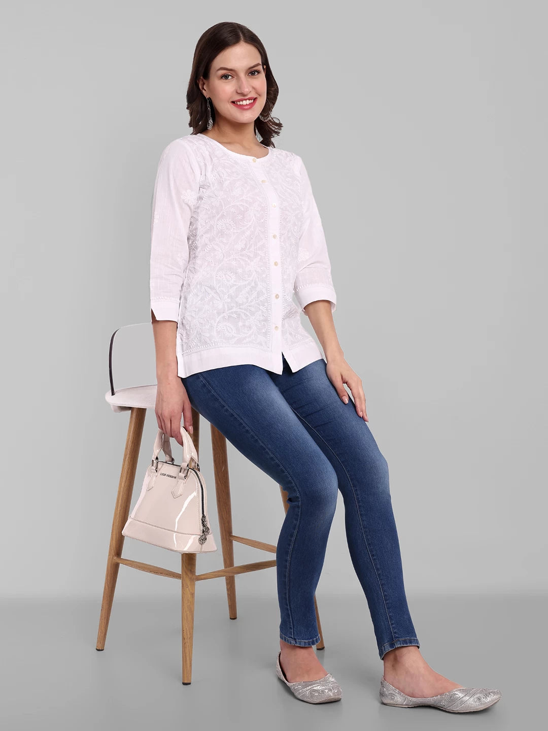 Ada Hand Embroidered White Cotton Lucknowi Chikankari Shirt A911360