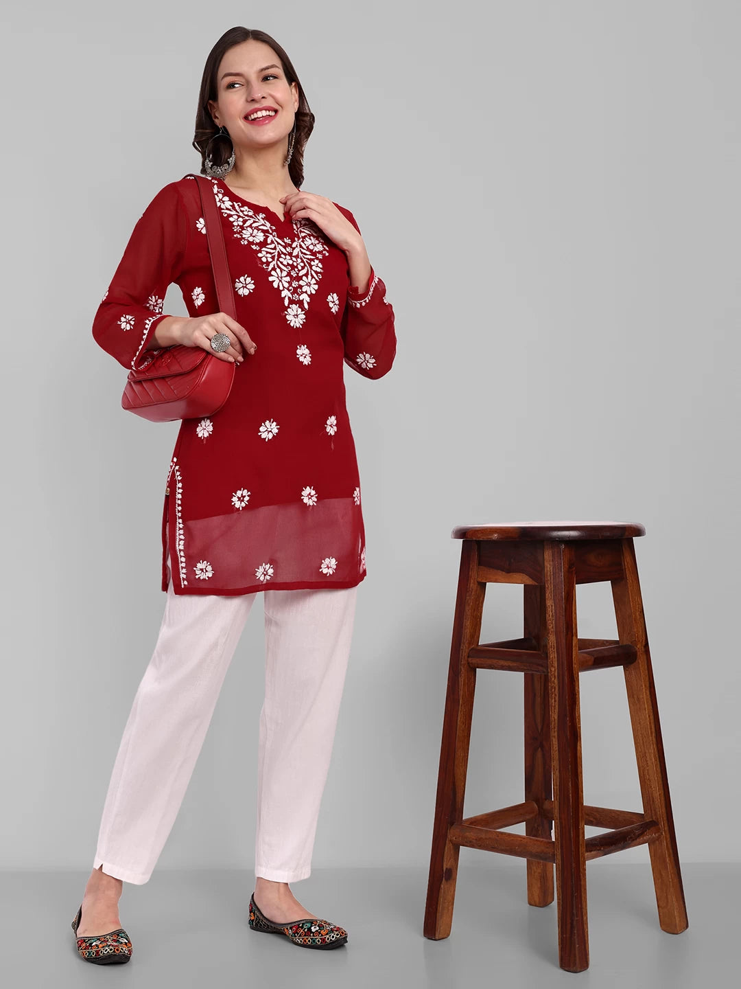 Ada Hand Embroidered Red Georgette Lucknowi Chikankari Straight Kurti With Slip A911354