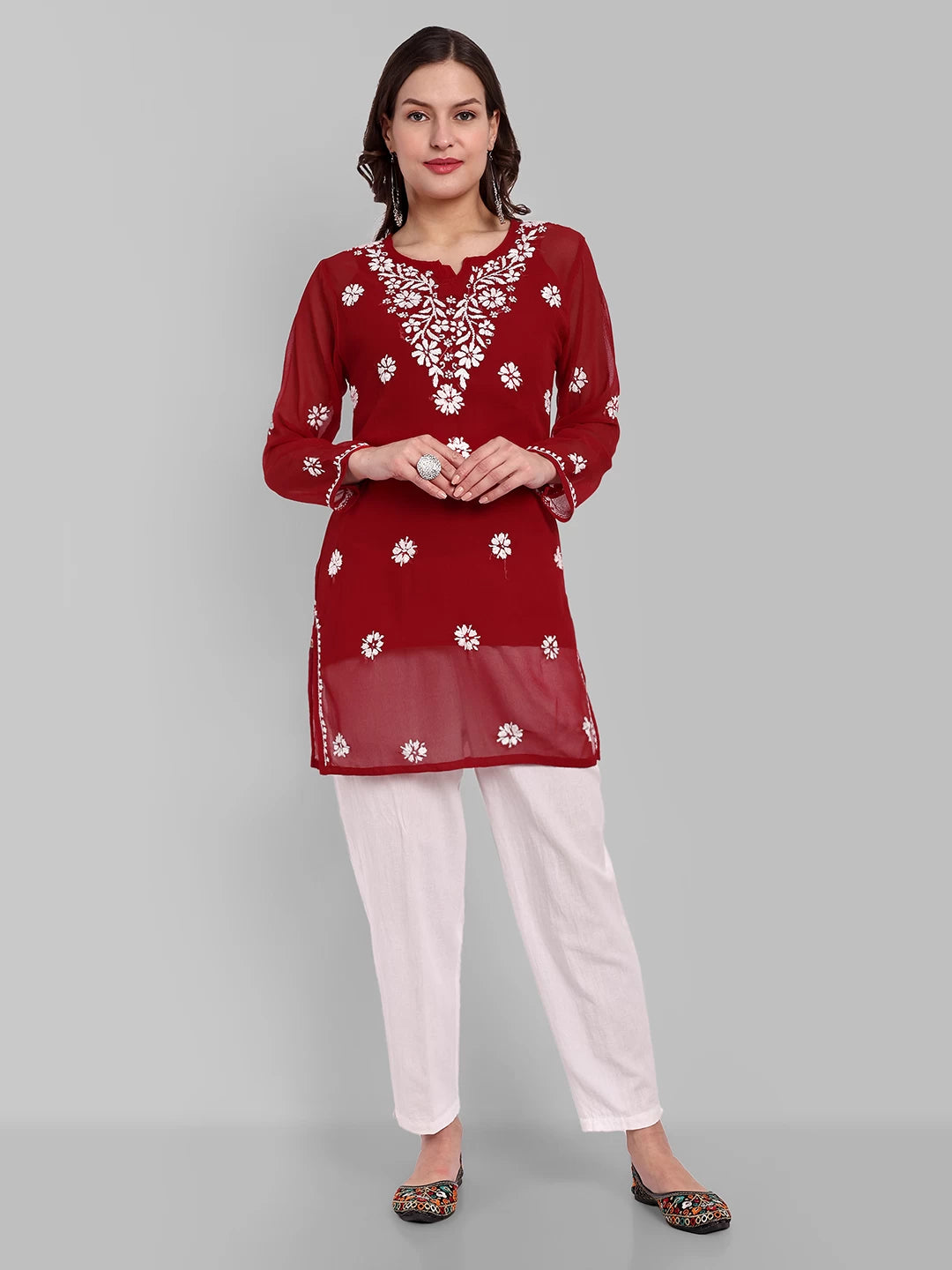 Ada Hand Embroidered Red Georgette Lucknowi Chikankari Straight Kurti With Slip A911354