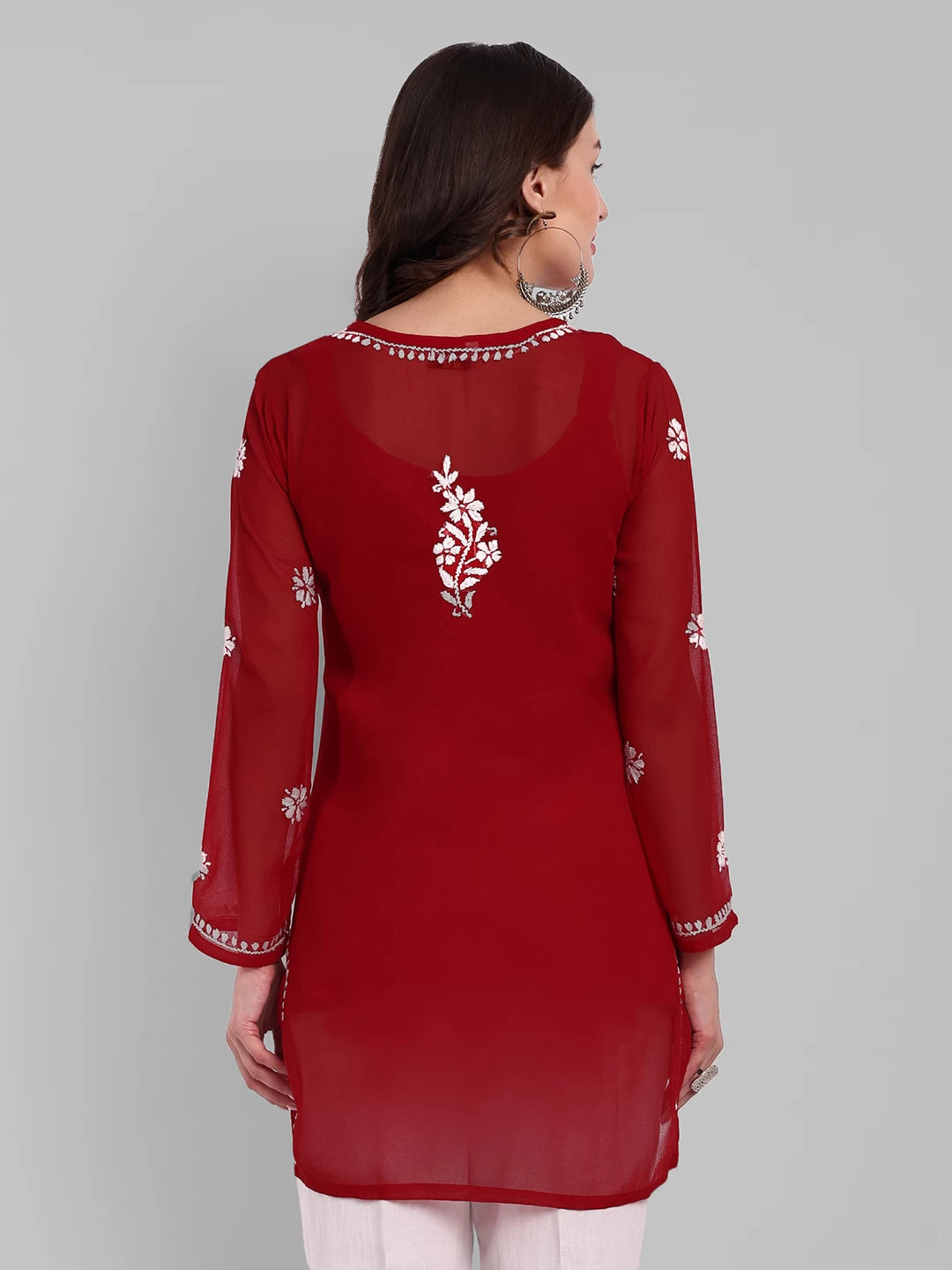 Ada Hand Embroidered Red Georgette Lucknowi Chikankari Straight Kurti With Slip A911354