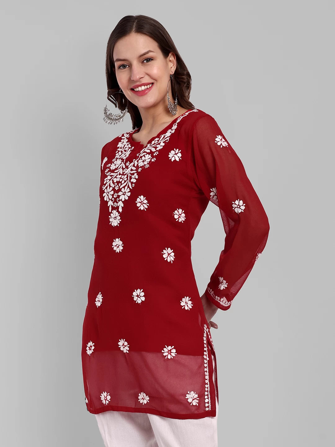Ada Hand Embroidered Red Georgette Lucknowi Chikankari Straight Kurti With Slip A911354