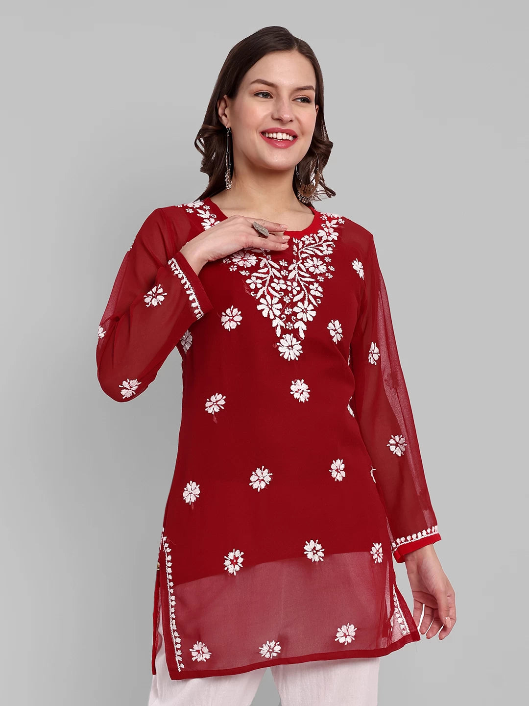 Ada Hand Embroidered Red Georgette Lucknowi Chikankari Straight Kurti With Slip A911354
