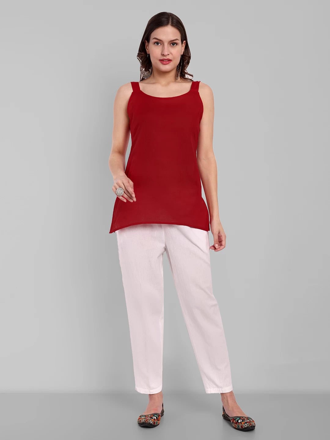 Ada Hand Embroidered Red Georgette Lucknowi Chikankari Straight Kurti With Slip A911354