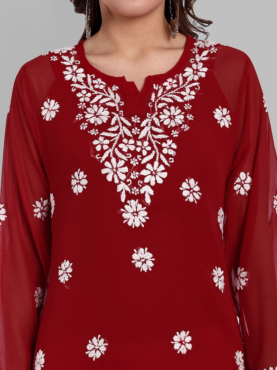 Ada Hand Embroidered Red Georgette Lucknowi Chikankari Straight Kurti With Slip A911354