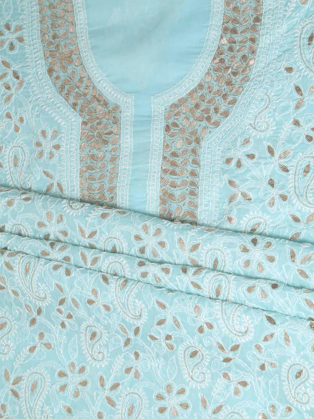 Ada Hand Embroidered Sea Green Cotton Lucknowi Chikankari Unstitched Kurta Piece With Gotapatti Work 01A388058