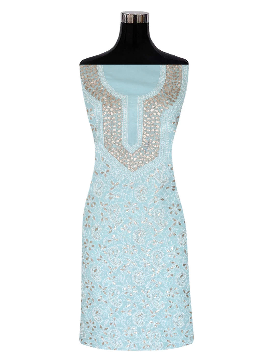 Ada Hand Embroidered Sea Green Cotton Lucknowi Chikankari Unstitched Kurta Piece With Gotapatti Work 01A388058