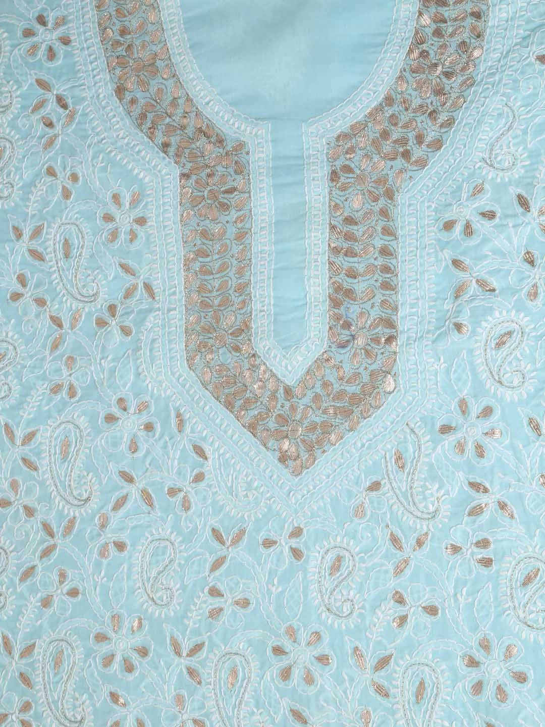 Ada Hand Embroidered Sea Green Cotton Lucknowi Chikankari Unstitched Kurta Piece With Gotapatti Work 01A388058