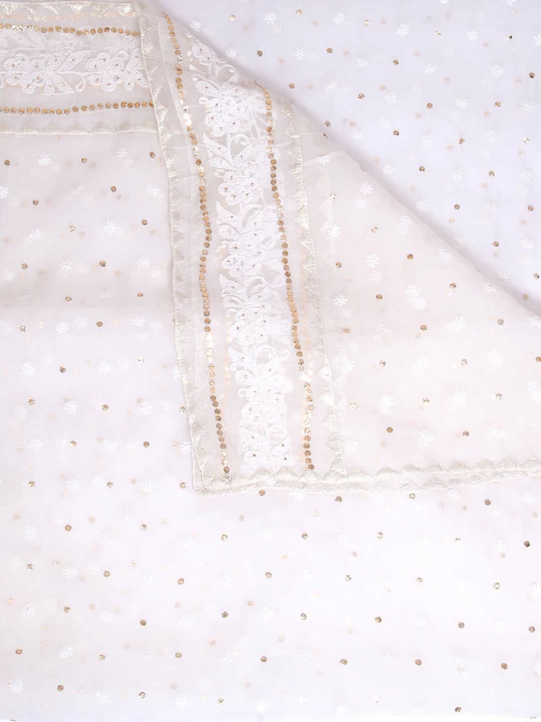 Ada Hand Embroidered Off White Organza Lucknowi Chikankari Dupatta With Muqaish Work 01A414565