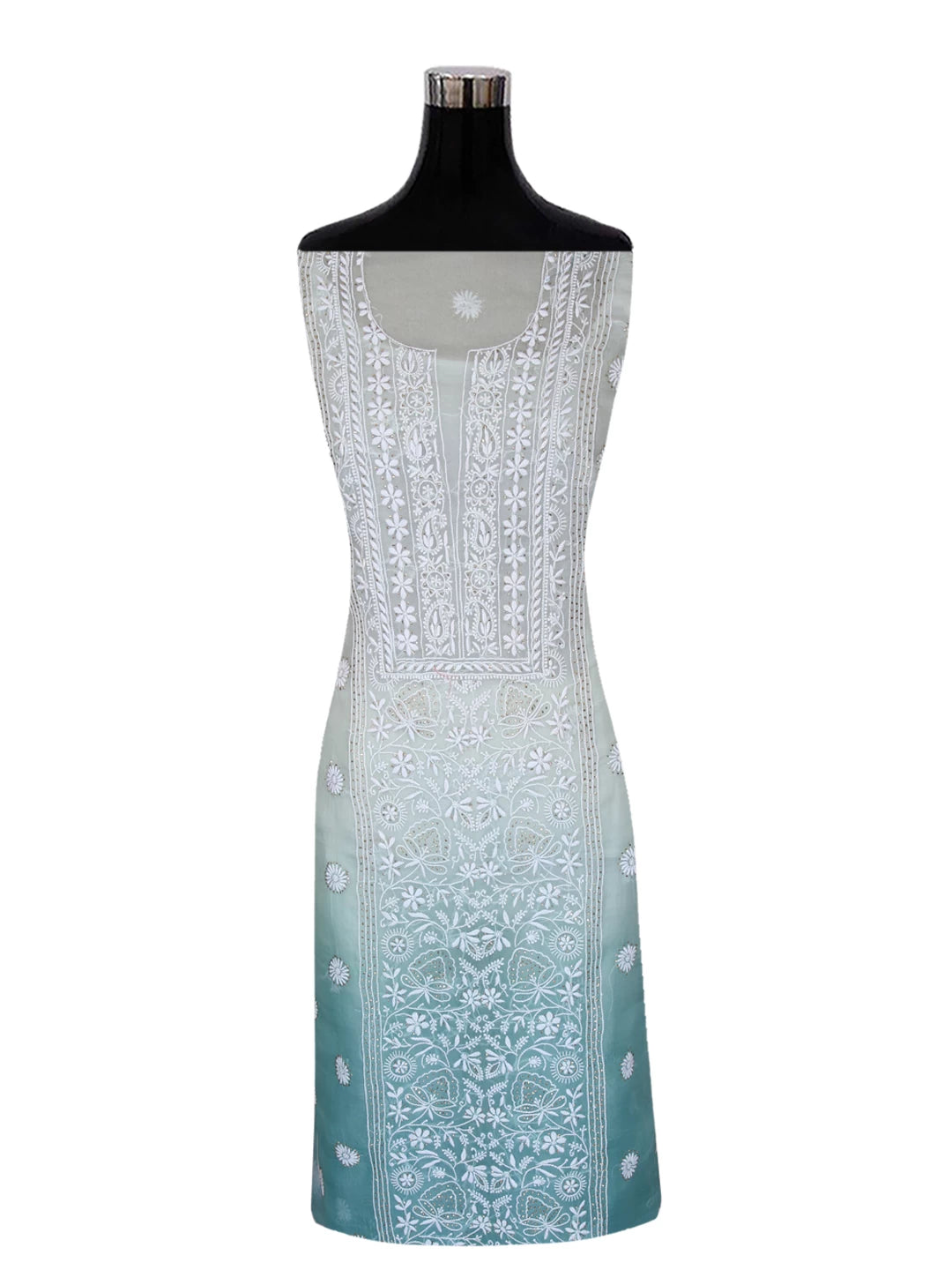 Ada Hand Embroidered Pastel Mint Green Ombre Shade Organza Lucknowi Chikankari Unstitched Kurta Dupatta Set With Muqaish Work 01A426540