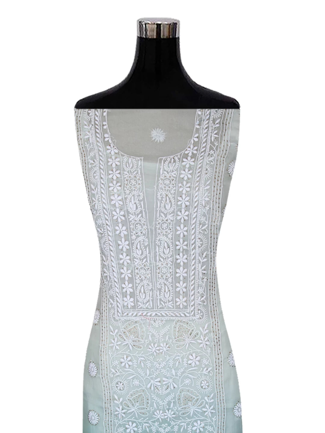 Ada Hand Embroidered Pastel Mint Green Ombre Shade Organza Lucknowi Chikankari Unstitched Kurta Dupatta Set With Muqaish Work 01A426540