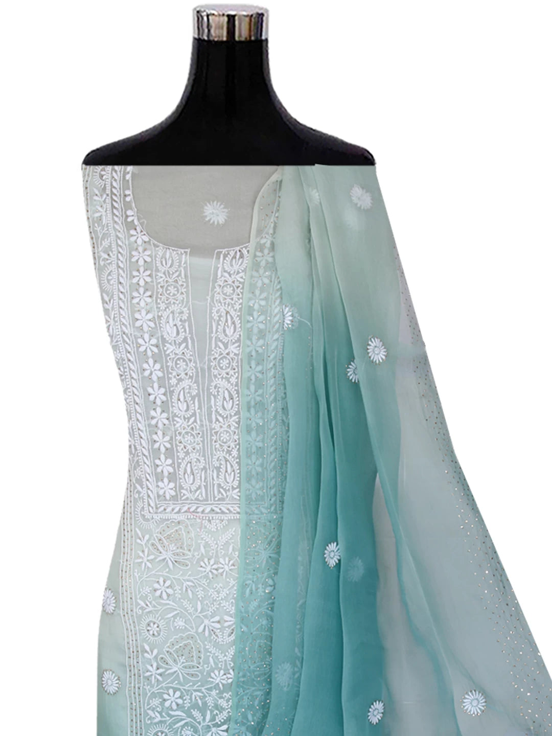 Ada Hand Embroidered Pastel Mint Green Ombre Shade Organza Lucknowi Chikankari Unstitched Kurta Dupatta Set With Muqaish Work 01A426540