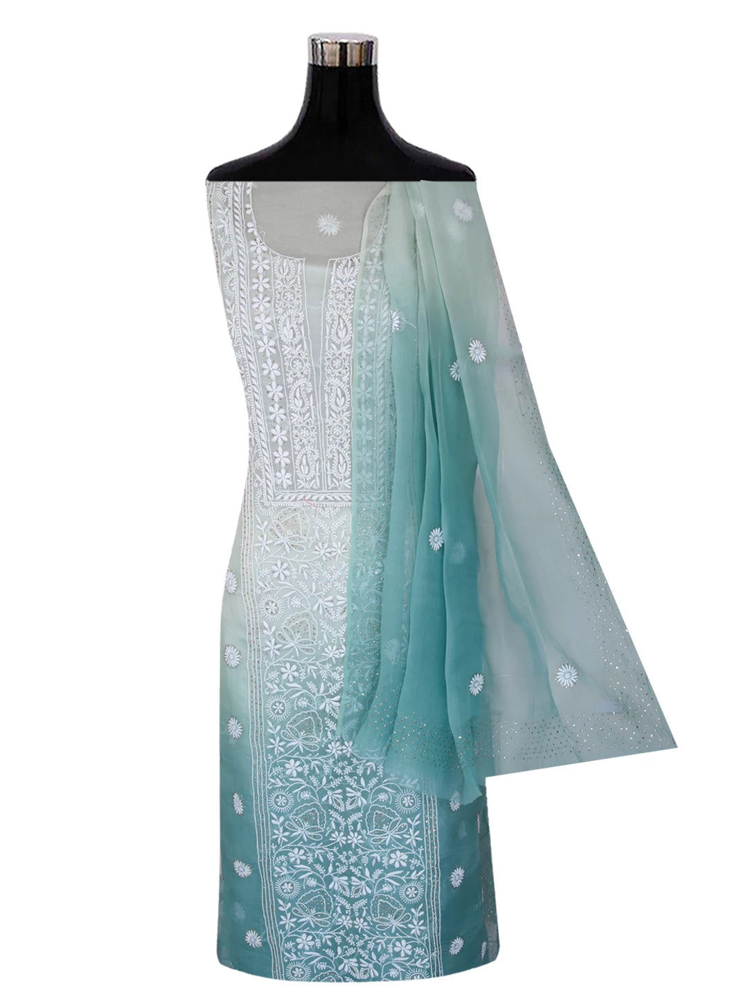 Ada Hand Embroidered Pastel Mint Green Ombre Shade Organza Lucknowi Chikankari Unstitched Kurta Dupatta Set With Muqaish Work 01A426540
