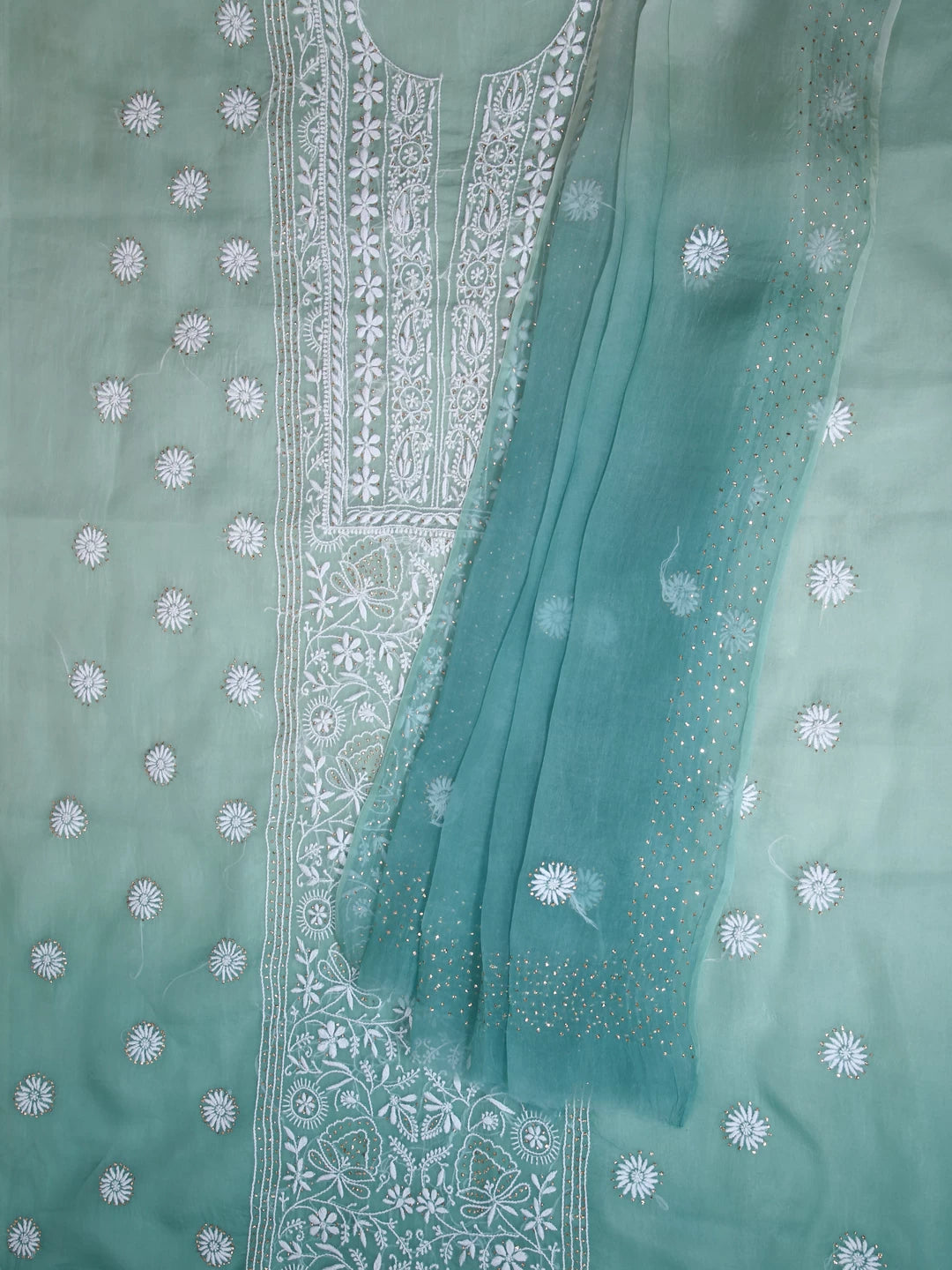 Ada Hand Embroidered Pastel Mint Green Ombre Shade Organza Lucknowi Chikankari Unstitched Kurta Dupatta Set With Muqaish Work 01A426540