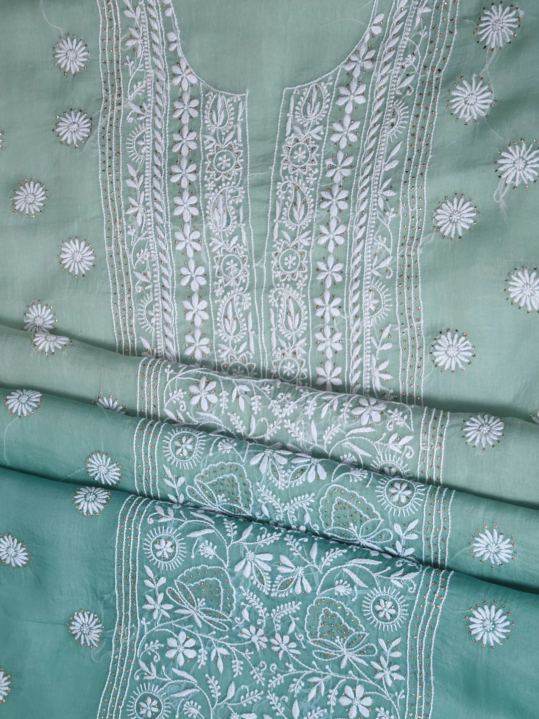 Ada Hand Embroidered Pastel Mint Green Ombre Shade Organza Lucknowi Chikankari Unstitched Kurta Dupatta Set With Muqaish Work 01A426540