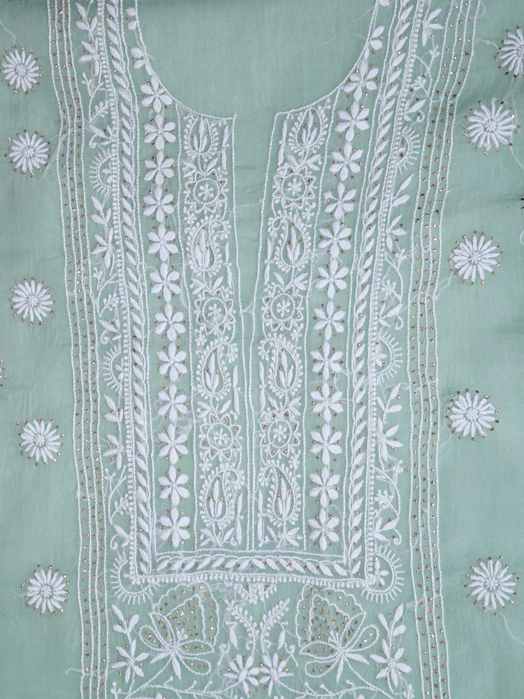 Ada Hand Embroidered Pastel Mint Green Ombre Shade Organza Lucknowi Chikankari Unstitched Kurta Dupatta Set With Muqaish Work 01A426540
