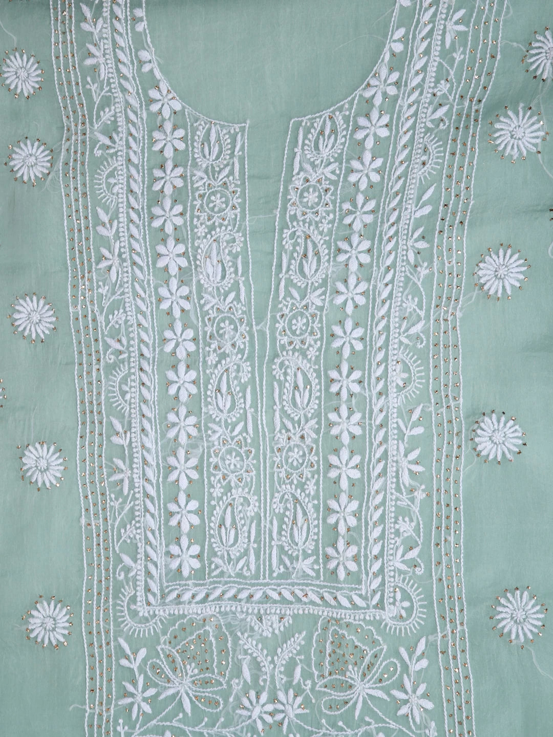 Ada Hand Embroidered Pastel Mint Green Ombre Shade Organza Lucknowi Chikankari Unstitched Kurta Dupatta Set With Muqaish Work 01A426540