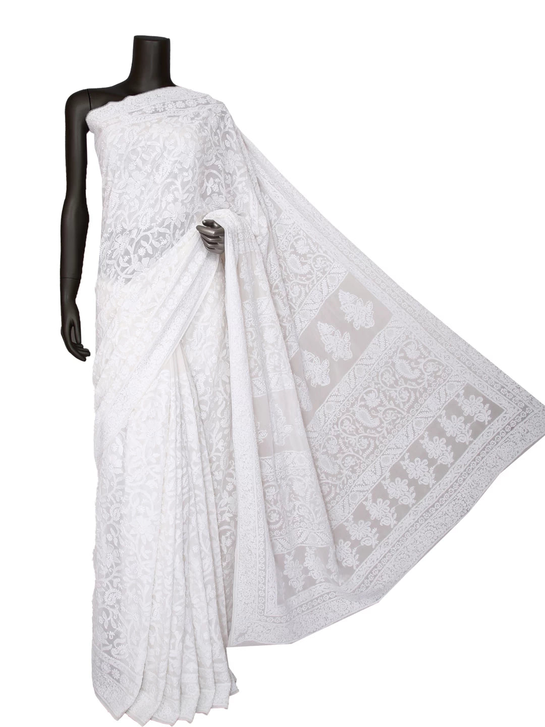 Ada Hand Embroidered White Pure Georgette Lucknowi Chikankari Saree 01A396658