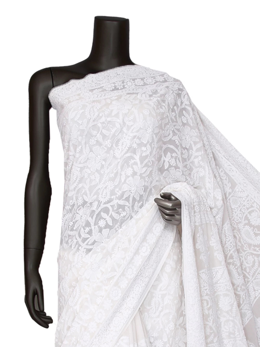 Ada Hand Embroidered White Pure Georgette Lucknowi Chikankari Saree 01A396658