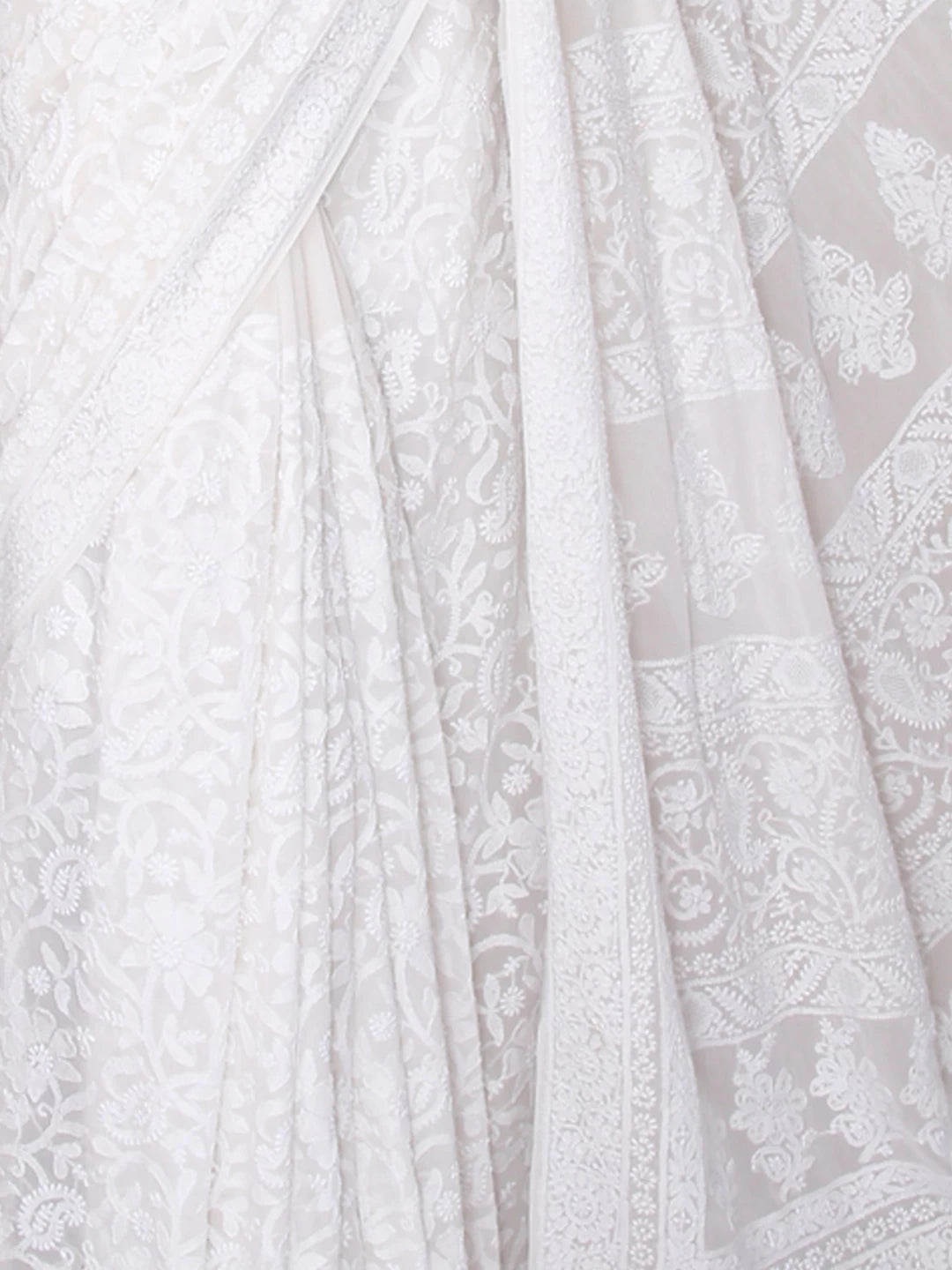 Ada Hand Embroidered White Pure Georgette Lucknowi Chikankari Saree 01A396658